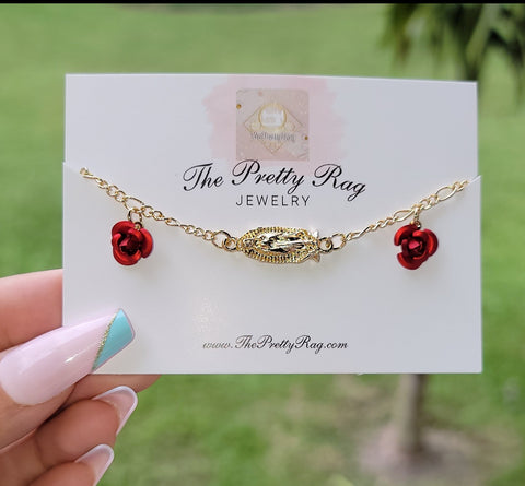 "Roses are red" 14K Gold Plated Virgin Mary Bracelet