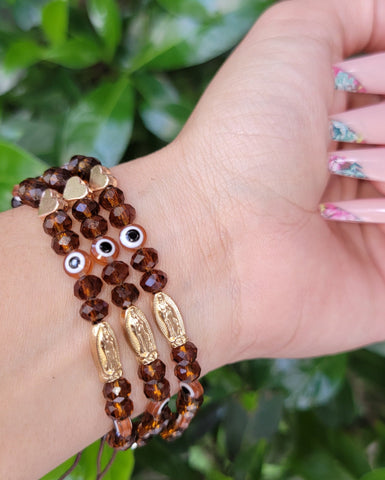 "Cafecito De Mi Alma" Brown Handmade Virgin Mary Beaded Bracelet