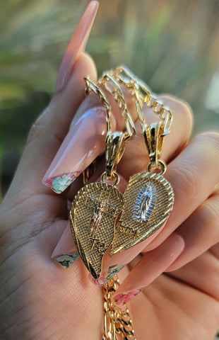 "Cherish Me" Jesus & Virgin Mary Broken Heart Necklace 2pc Set