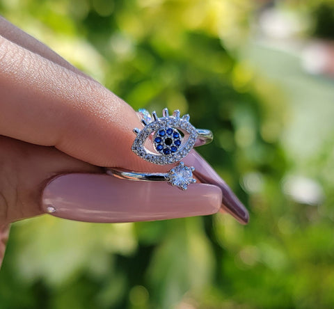 "Protect Your Energy" Silver Evil Eye CZ Ring