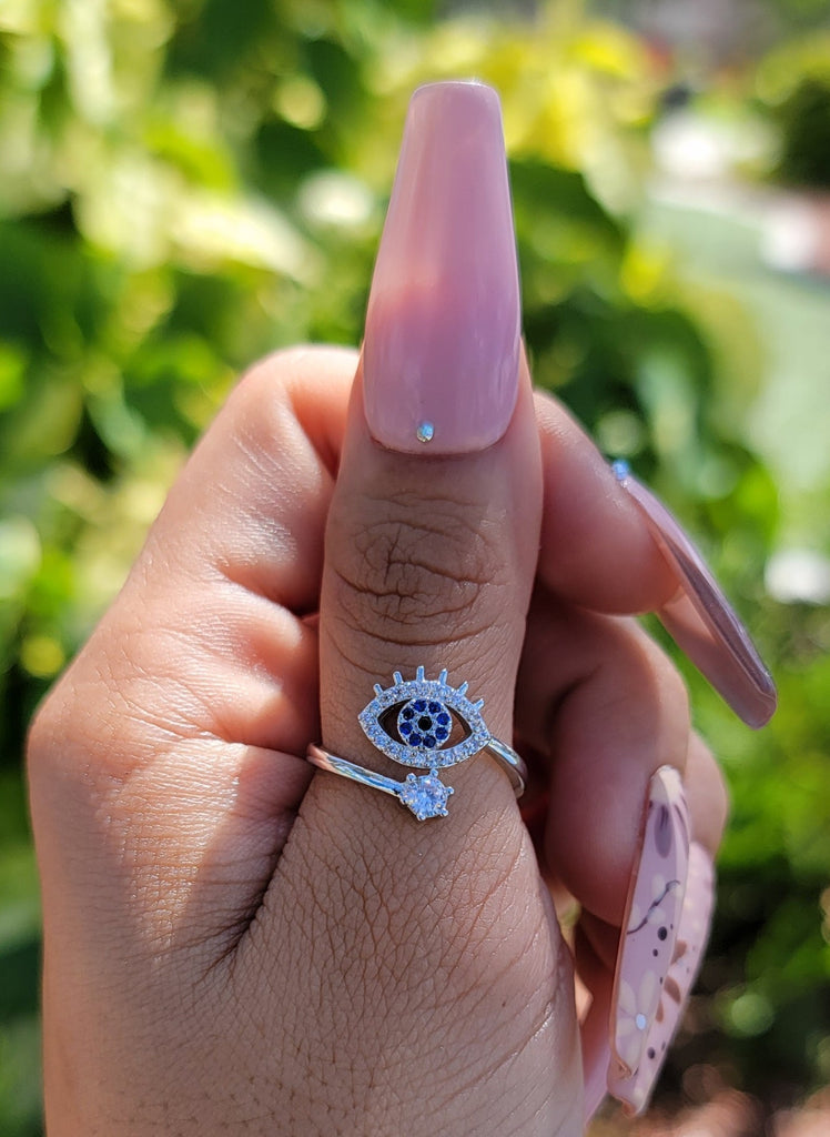 thumbnail interactive-video image 1 of 925 Sterling Silver Evil Eye Ring – White & Blue Cubic Zirconia CZ Band, Protective Jewelry 1 of 2
